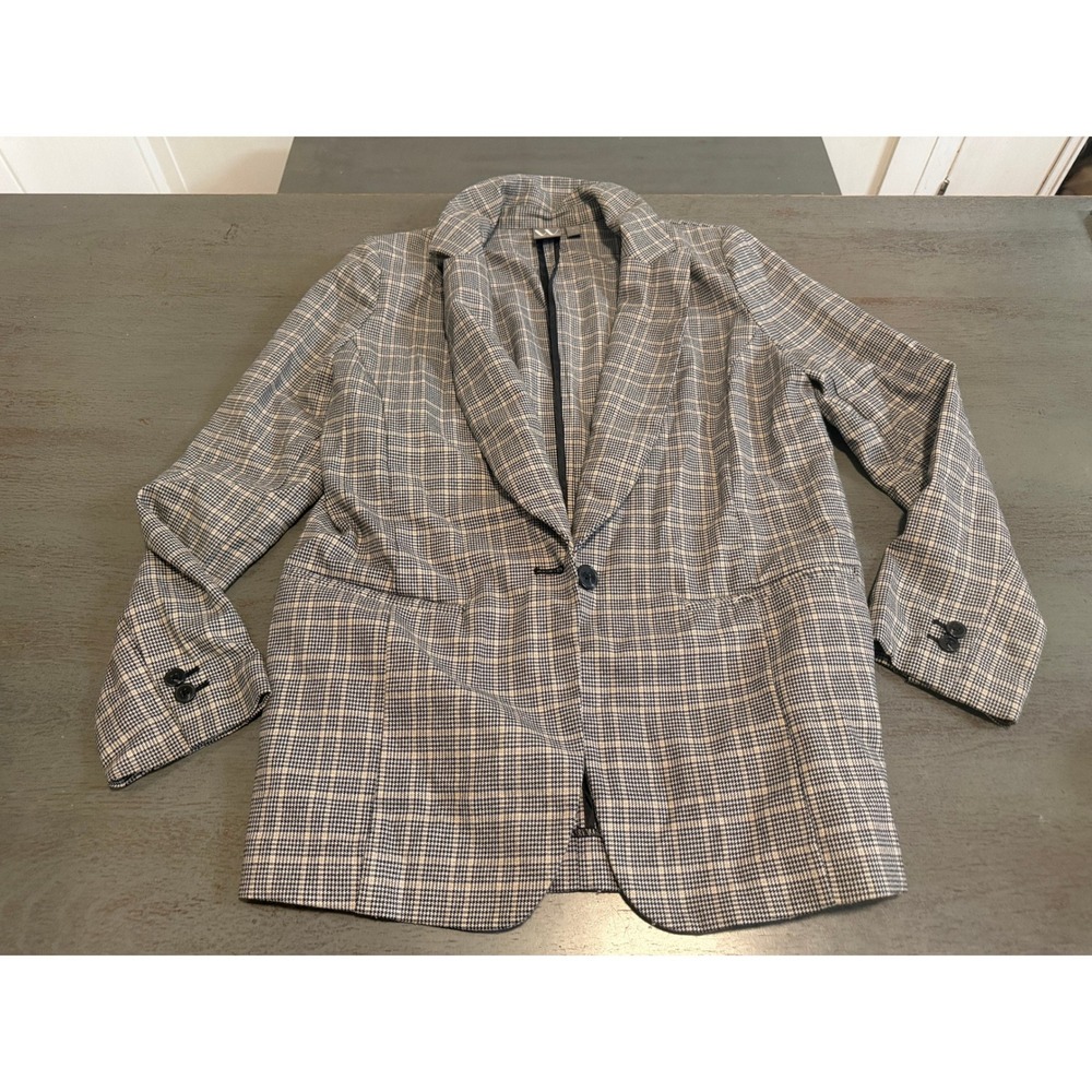 Worthington Womens Glen Plaid Blazer Jacket Black White Single Button Size S